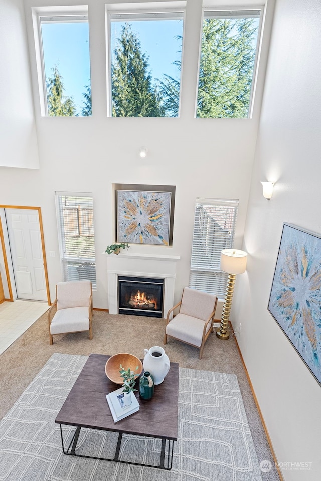 carpeted living room featuring a high ceiling