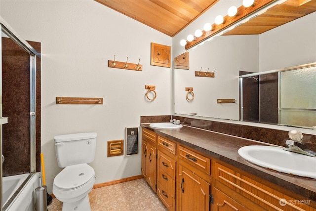 full bathroom with wood ceiling, bath / shower combo with glass door, vanity, vaulted ceiling, and toilet