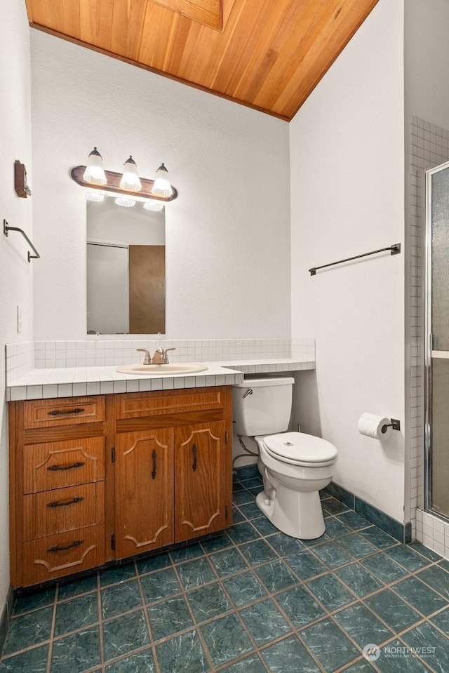 bathroom with vaulted ceiling, vanity, an enclosed shower, wood ceiling, and toilet