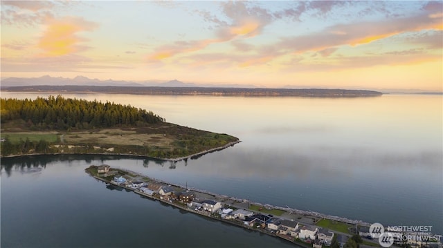 aerial view at dusk featuring a water view