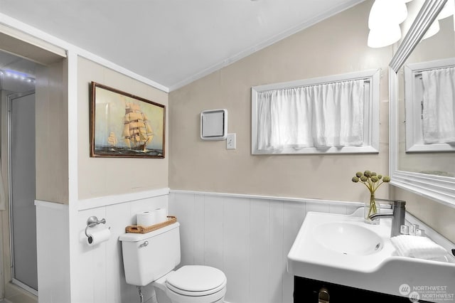 bathroom featuring vanity, lofted ceiling, an enclosed shower, and toilet