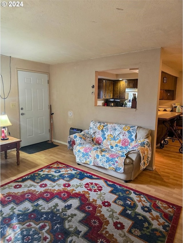 living room featuring hardwood / wood-style flooring and a textured ceiling