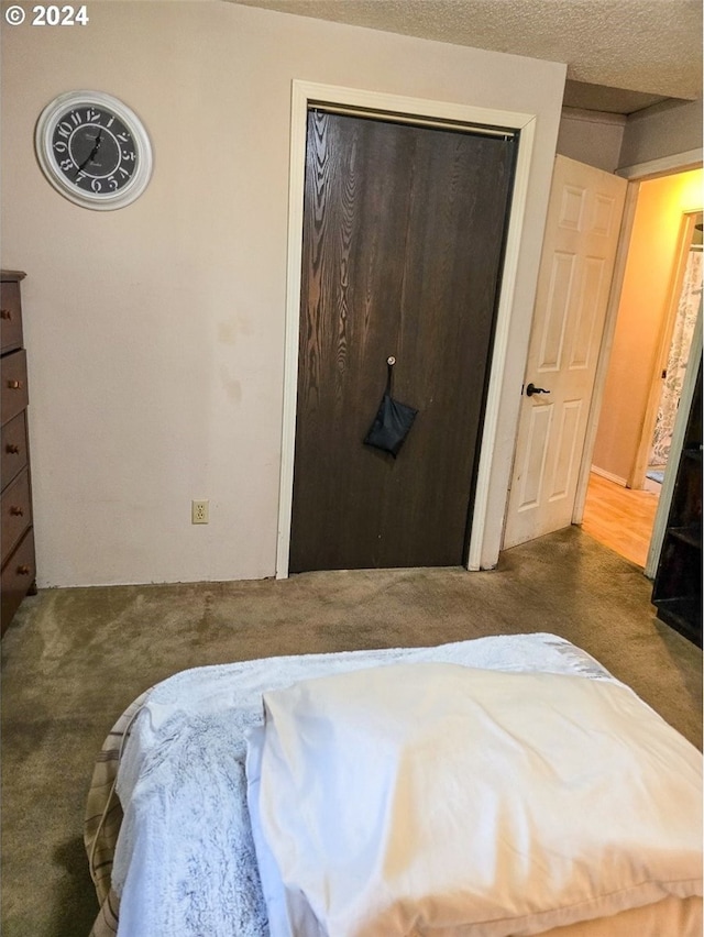 carpeted bedroom with a textured ceiling and a closet