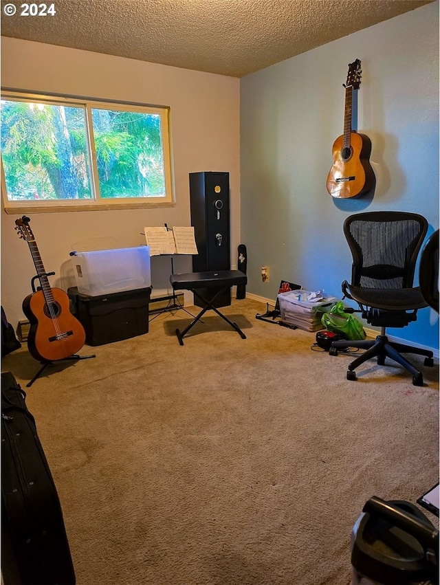 interior space featuring baseboard heating, a textured ceiling, and carpet flooring