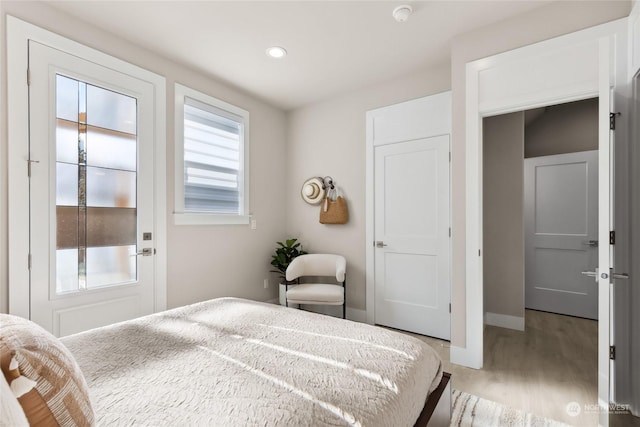 bedroom featuring multiple windows and light wood-type flooring