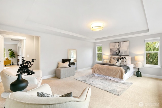 bedroom featuring multiple windows, a tray ceiling, and carpet flooring