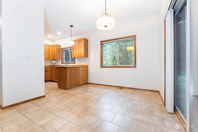 kitchen with hanging light fixtures, a wealth of natural light, and sink