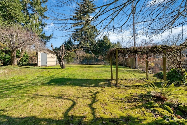 view of yard featuring a storage unit