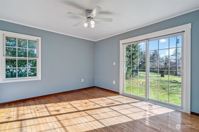 unfurnished room with light hardwood / wood-style flooring, ornamental molding, and a healthy amount of sunlight