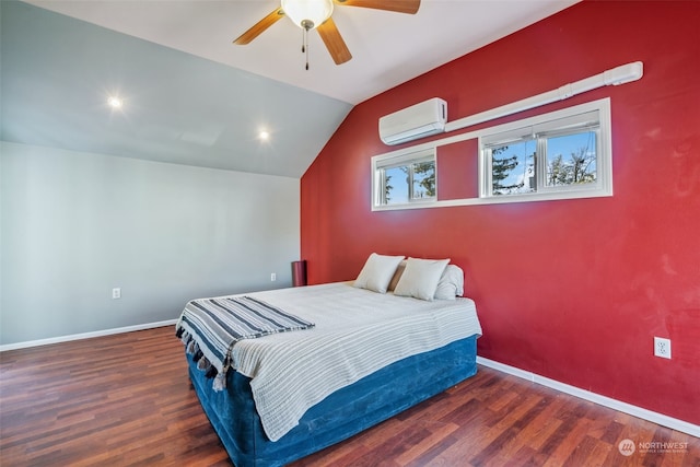 bedroom featuring ceiling fan, an AC wall unit, lofted ceiling, and dark hardwood / wood-style flooring