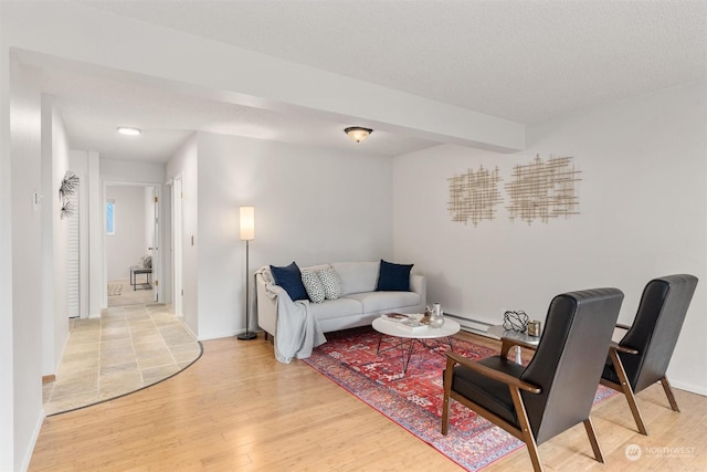 living room featuring wood-type flooring and a textured ceiling