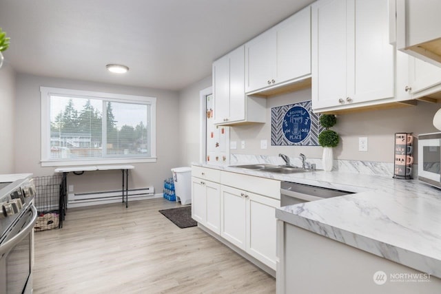 kitchen with sink, white cabinets, baseboard heating, stainless steel appliances, and light hardwood / wood-style flooring