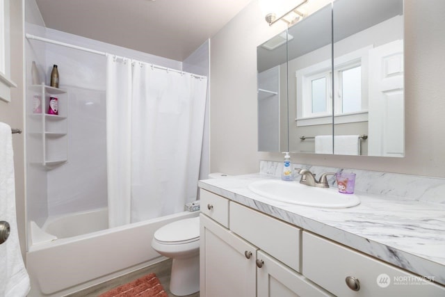 full bathroom with shower / tub combo, vanity, hardwood / wood-style floors, and toilet