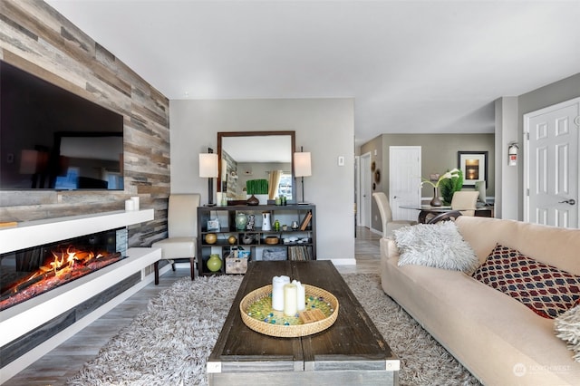 living room with wood-type flooring and a fireplace