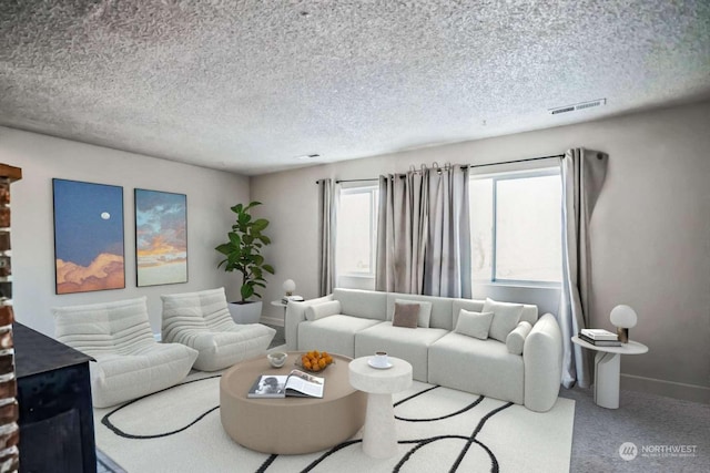 living room featuring carpet and a textured ceiling