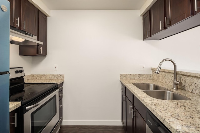 kitchen featuring sink, dark brown cabinetry, light stone countertops, dark hardwood / wood-style flooring, and stainless steel electric stove