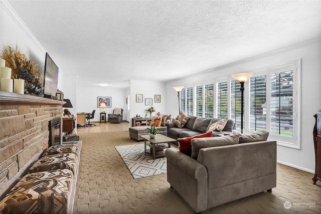 living room featuring crown molding and a textured ceiling