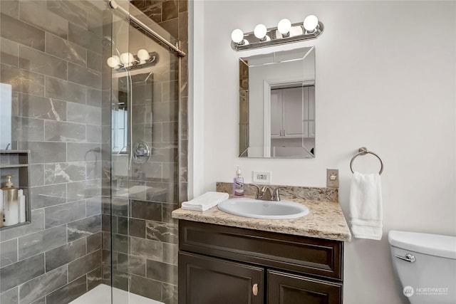 bathroom with vanity, toilet, and a shower with shower door