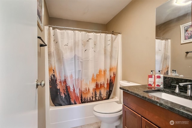 full bathroom with vanity, shower / bath combination with curtain, and toilet