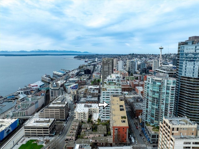 aerial view with a view of city and a water view