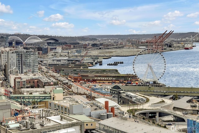 bird's eye view with a view of city and a water view