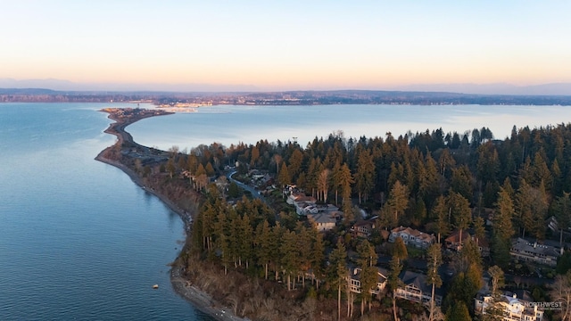 aerial view at dusk featuring a water view