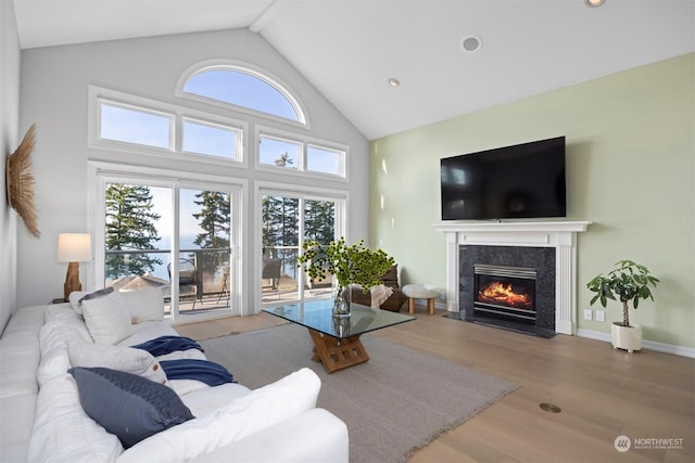 living room featuring high vaulted ceiling, wood-type flooring, and a high end fireplace