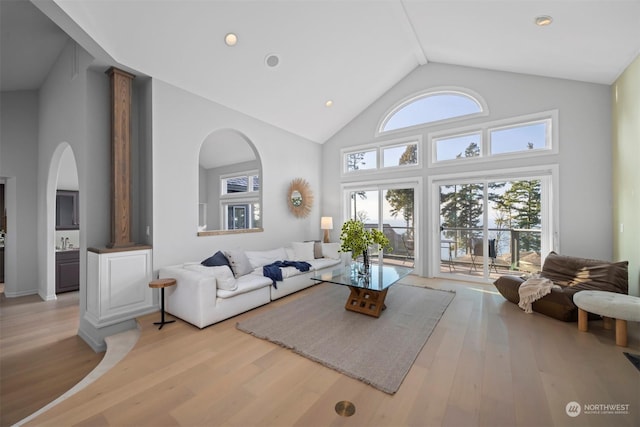 living room with high vaulted ceiling and light wood-type flooring