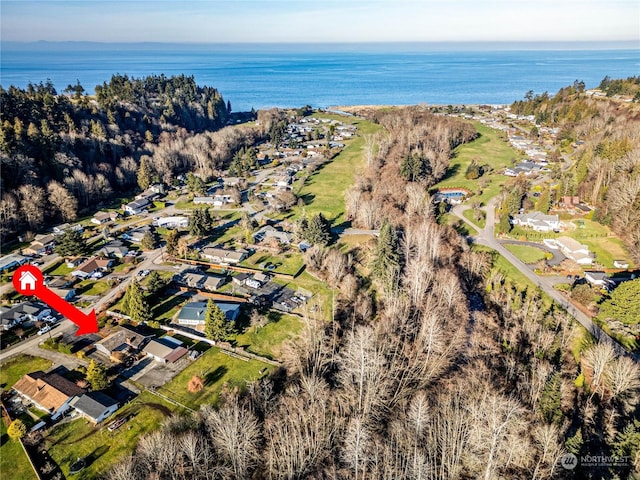 birds eye view of property with a water view