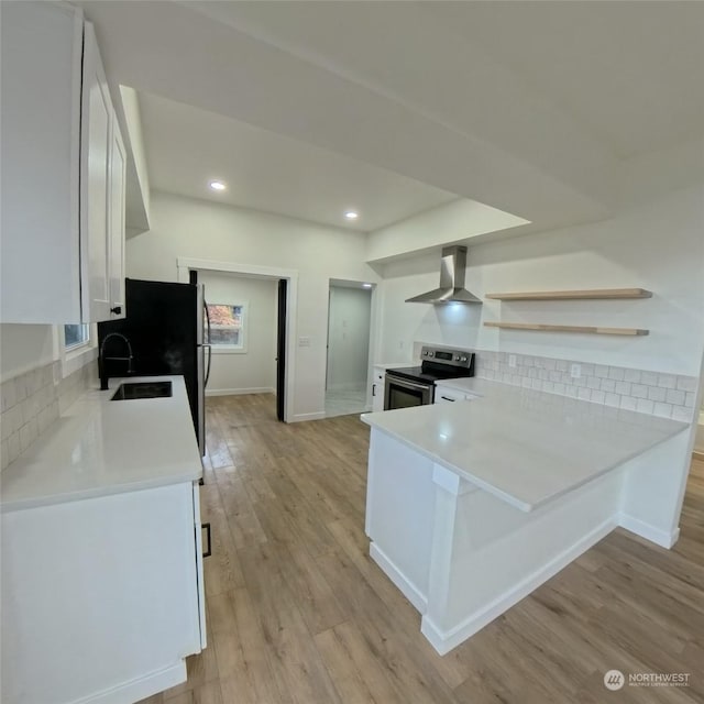 kitchen featuring white cabinetry, wall chimney exhaust hood, kitchen peninsula, stainless steel appliances, and light hardwood / wood-style flooring