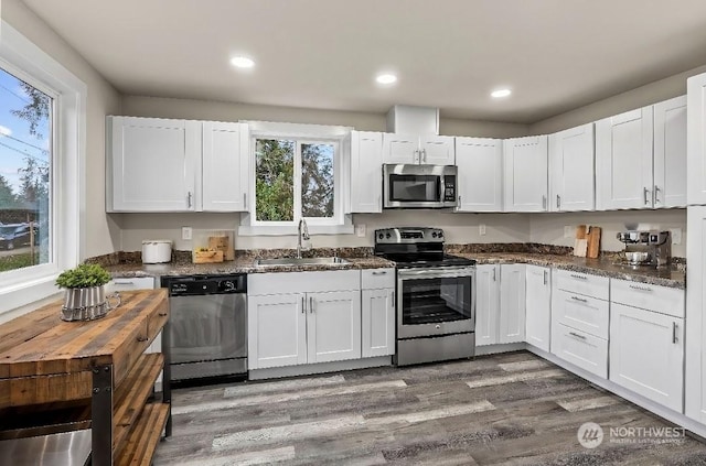 kitchen with white cabinetry, sink, hardwood / wood-style floors, and appliances with stainless steel finishes