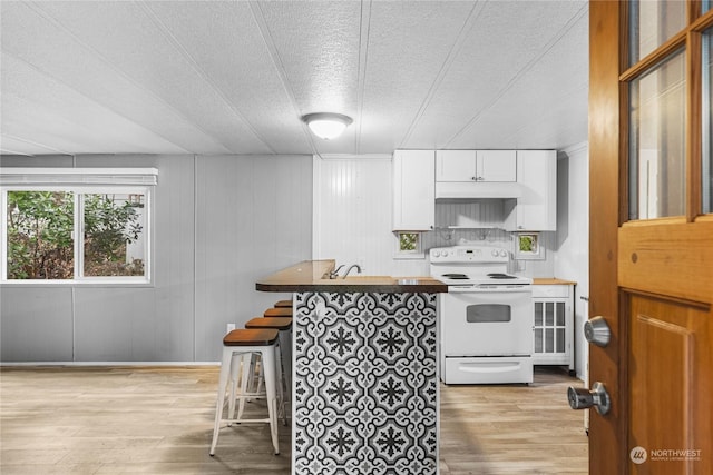 kitchen with sink, white cabinets, light hardwood / wood-style floors, and electric stove