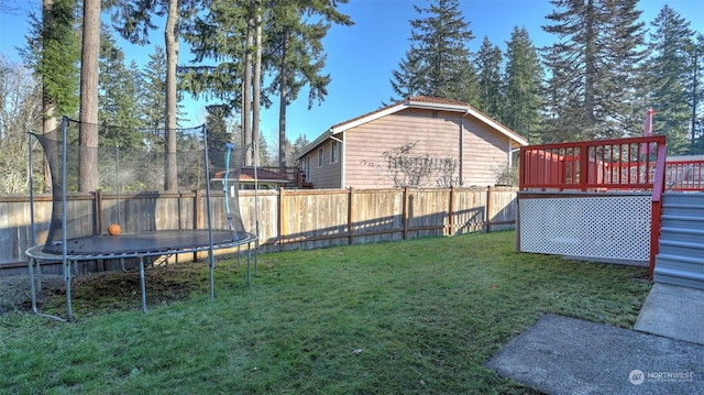 view of yard featuring a trampoline and a wooden deck