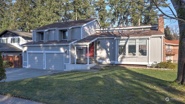 view of front of house featuring a garage and a front lawn