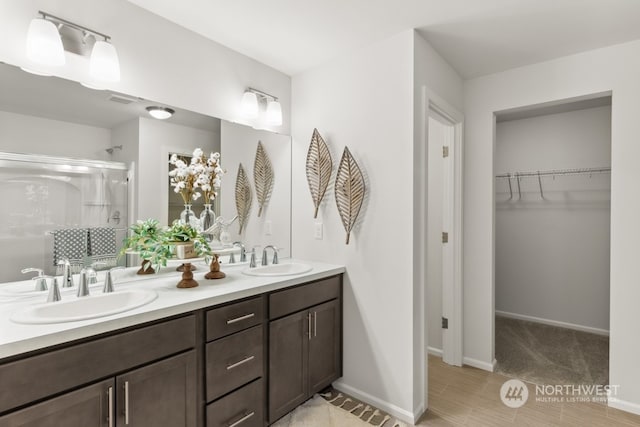 full bathroom featuring a sink, a spacious closet, a shower stall, and double vanity