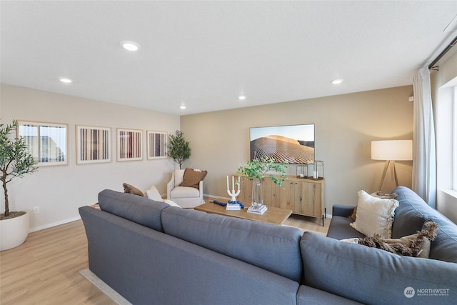 living room featuring a wealth of natural light and light hardwood / wood-style floors