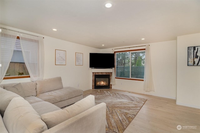 living room with a fireplace and light hardwood / wood-style floors