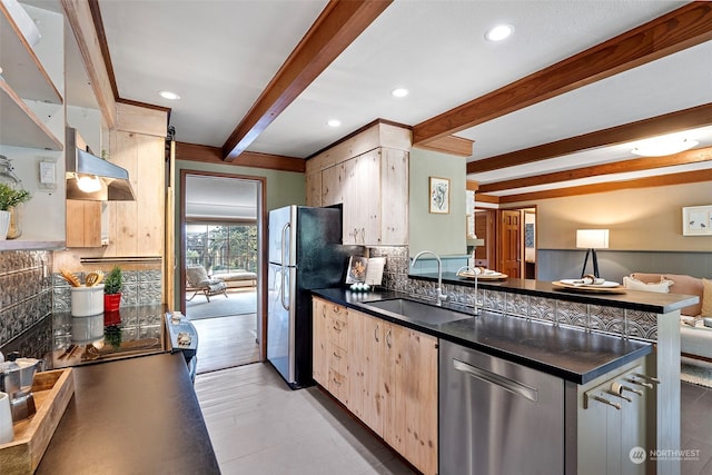 kitchen featuring sink, beam ceiling, stainless steel appliances, and light brown cabinets