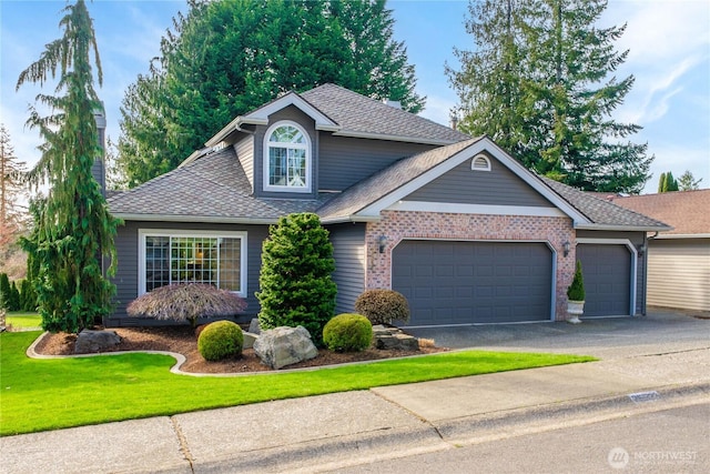 view of front facade featuring aphalt driveway, a front lawn, a garage, and roof with shingles