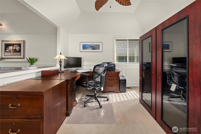 office space featuring french doors, carpet, a ceiling fan, and vaulted ceiling