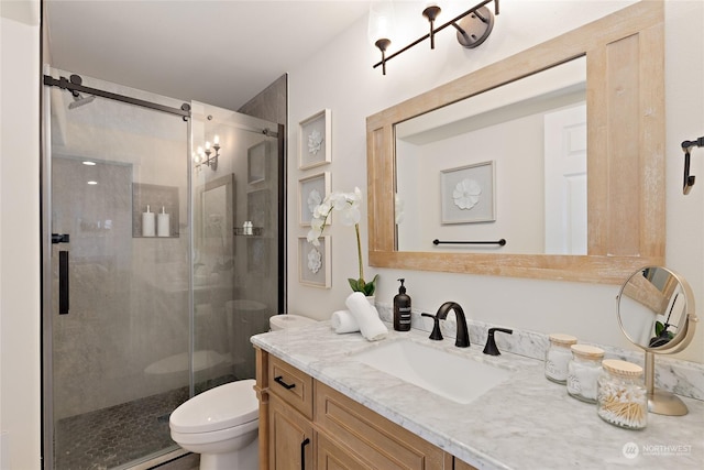 bathroom with vanity, an enclosed shower, and toilet