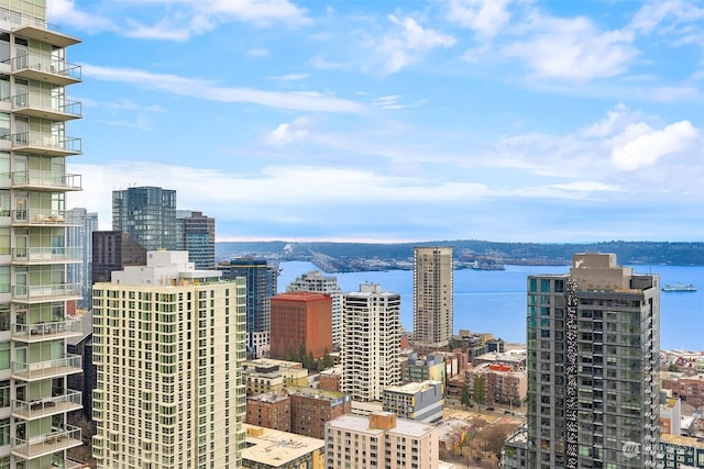 property's view of city featuring a water view