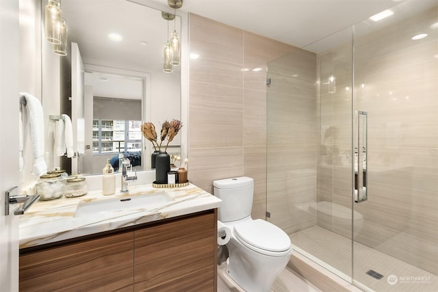 bathroom featuring a shower with door, vanity, and toilet