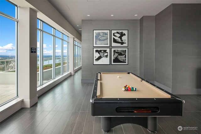 rec room with dark hardwood / wood-style floors and pool table