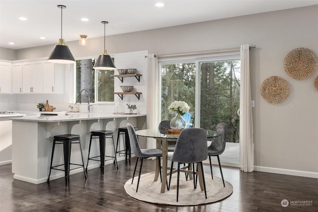 dining area with sink and dark hardwood / wood-style flooring