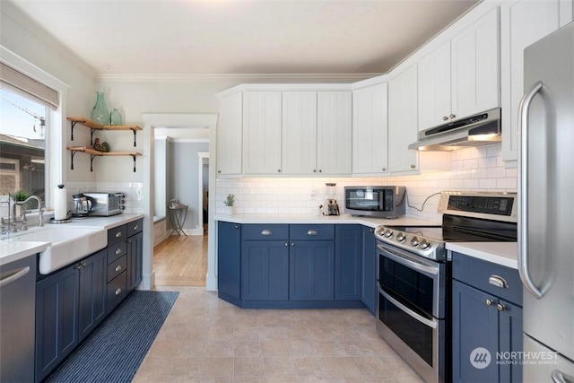 kitchen featuring sink, blue cabinetry, backsplash, stainless steel appliances, and white cabinets