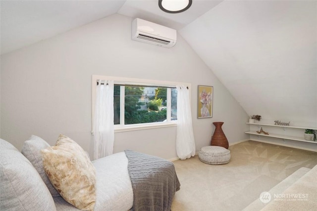 carpeted bedroom with lofted ceiling and a wall mounted air conditioner