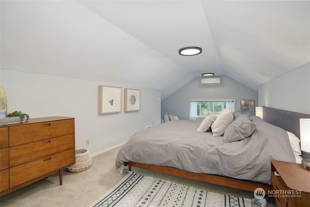 bedroom featuring lofted ceiling, a wall mounted AC, and light carpet