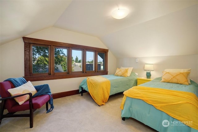 carpeted bedroom with lofted ceiling