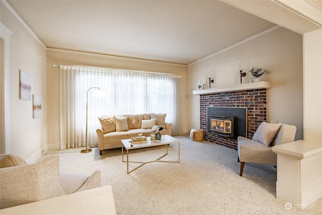 carpeted living room featuring crown molding